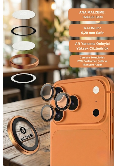 % 99.99 Gerçek Safir Titanyum Kasa Apple Uyumlu iPhone 17 Pro / 17 Pro Max Kamera Lens Koruyucu, Ar - Turuncu