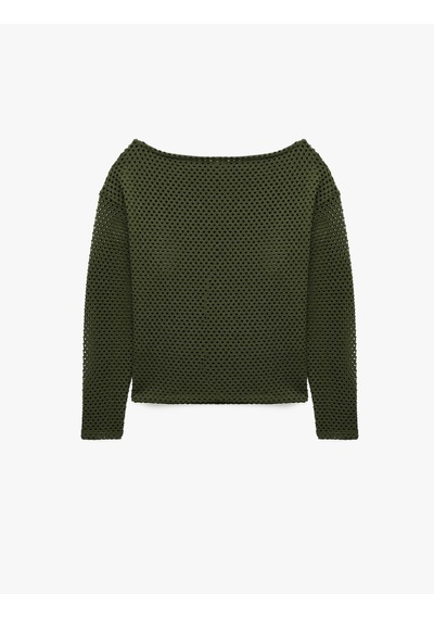 Koton File Dokulu Uzun Kollu Kayık Yaka Oversize Bluz Yeşil 7wak80043ek