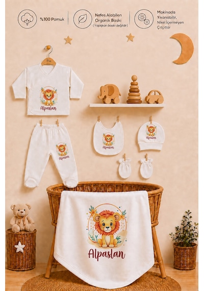 Pia Baby 10 Parça İsme Özel Erkek Bebek Hastane Çıkışı %100 Pamuk Organik Baskılı 1011100x Ekru