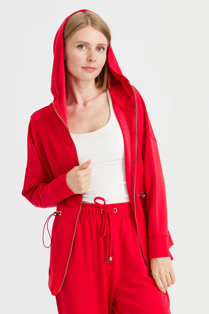 Kadın Kapüşonlu Beli Büzgülü Sweat Kırmızı Kırmızı
