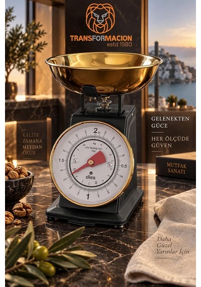 Retro Mutfak Terazisi Siyah Gold Pirinç Kaseli Nostaljik Mekanik Hassas Mutfak Tartısı 2 Kg 723811 Çok Renkli