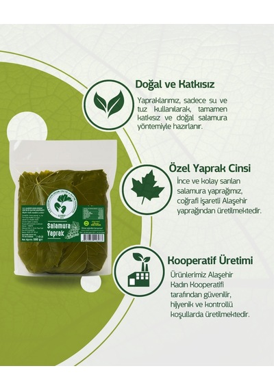 Alaşehir Kadın Kooperatifi Coğrafi İşaretli Alaşehir Salamura Asma Yaprağı Vakumlu 500 G