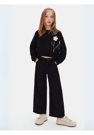 Kız Çocuk Çiçek Desenli Sweatshirt-16127 Siyah