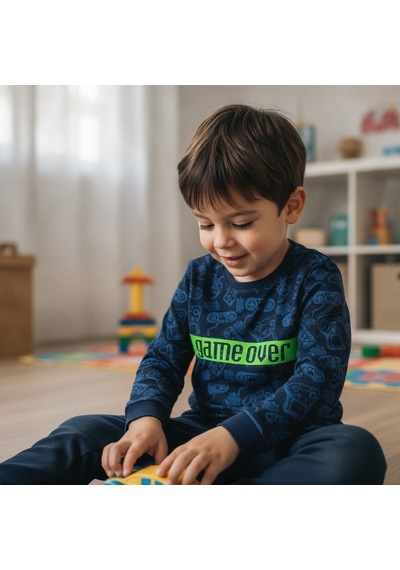 Bonbon Erkek Çocuk Pamuklu Baskılı Lacivert Renk Uzun Kollu Tshirt Cb1042