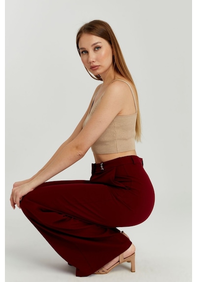 Bolivente Bordo Palazzo Geniş Paça Dokuma Kumaş Pantolon Bordo