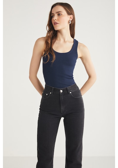 Ethıquet Lıllesol Kadın Fitilli Görünümlü Slim Fit Vücuda Oturan Havuz Yakalı Pamuklu Basic Lacivert