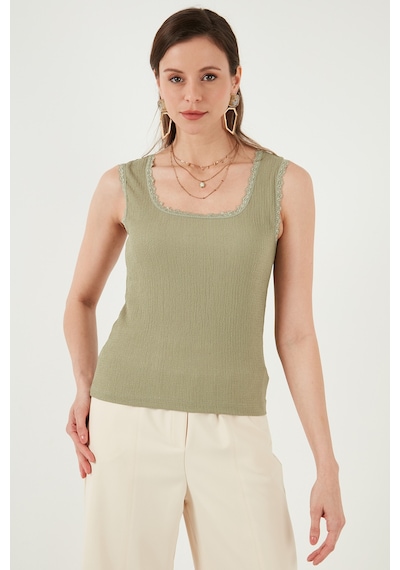 Lela Slim Fit Kalın Askılı Dantelli Kare Yaka Bürümcük Bayan Atlet 5864979 Olive