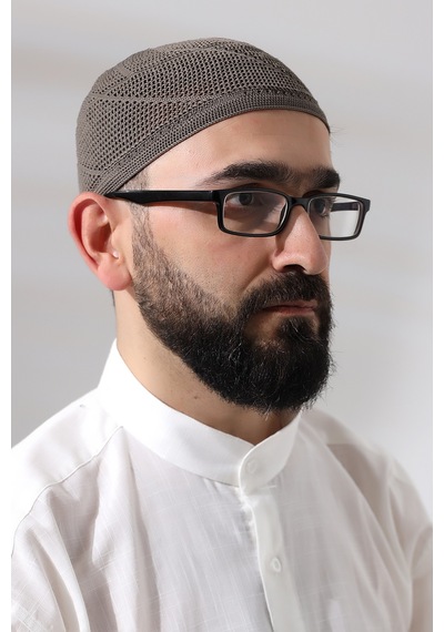 Kahverengi Dantel Detaylı Örme Gold Namaz Takkesi