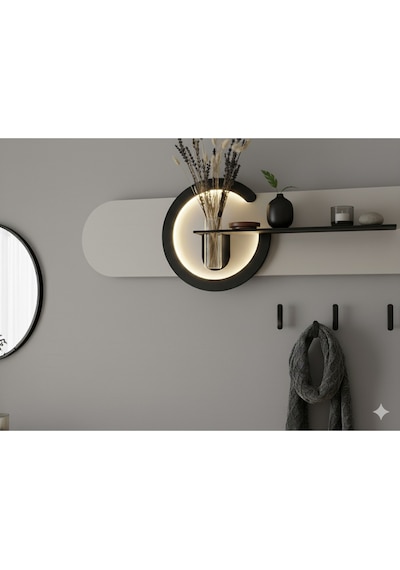 Antoryum Geniş Dekoratif Duvar Rafı Led Işıklı Ahşap İskandinav Tarzı Modern Salon Duvar Rafı Çiçeklik 38x135 Cm Paris Grisi - Antrasit