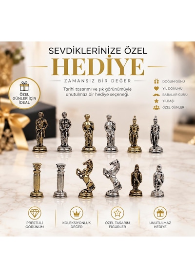 Lüks Metal Satranç Takımı Osmanlı Bizans Figürlü Krom Kehribar Mermer Desenli 20 X 20 Premium Hediye
