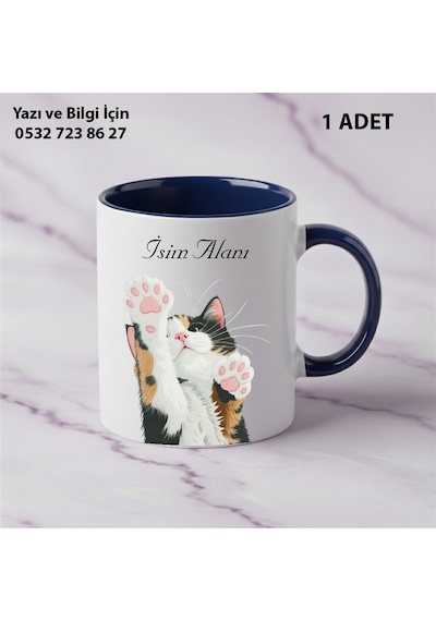 Siyah Kedi Baskılı Kişiye Özel İsimli Hediyelik Kupa Bardak-kedi Sevenler İçin Özel Hediye Lacivert