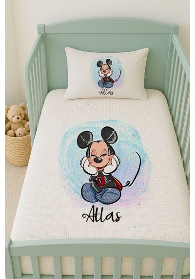 %100 Pamuk İsme Özel İsimli 100x150 Cm Pike Seti Mutlu Mickey