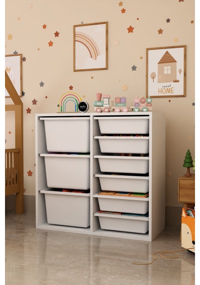 9 Sepetli 2 Bölmeli Oyuncak Dolabı Çok Amaçlı Oyuncak Dolabı Düzenleyici Organizer Beyaz