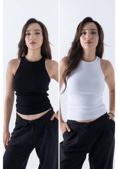 Mmetalic Fitilli Regular Fit Normal Kalıp Siyah-beyaz Bisiklet Yaka Sıfır Kol Pamuklu 2'li Kadın Atlet Siyah - Beyaz