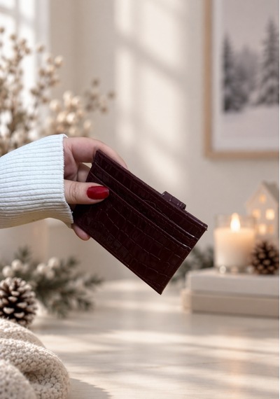 Elpida Bags Kadın Parlak Kroko Dokulu Çıtçıtlı Kartlık Bordo