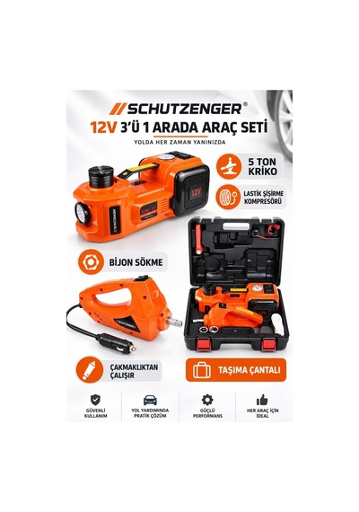 3 Lü Araç Seti 5 Ton Kriko Kompresörlü Ve Somun Sökme Sıkma 2 Anahtarlı 12volt German Çantalı Sp302