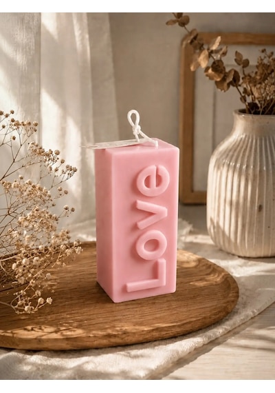 Mumelia Love Yazılı - Doğal Soya Blok Dekoratif Mum - Pembe