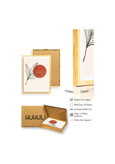 Doğal Ahşap Çerçeveli Minimal Yaprak Desenli Tablo - Canlı Tonlar Huhu1039