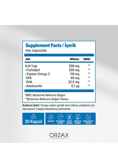 Orzax Ocean Krill Oil 30 Kapsül - Krill Yağı, Omega 3, Epa, Dha Ve Astaksantin İçeren Takviye Edici Gıda