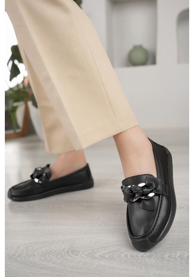 Nesil Shoes Ceylan 57 Siyah Zincir Tokalı Kadın Ayakkabı-siyah Siyah
