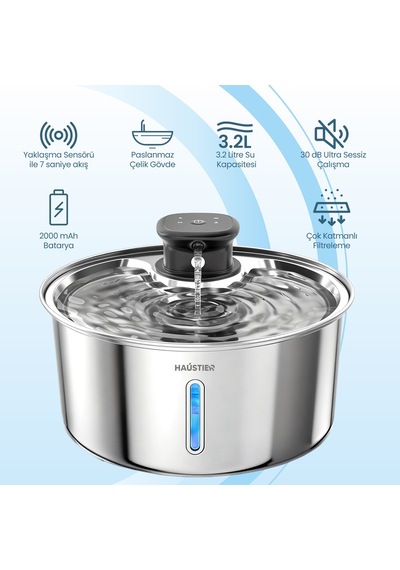 Haustier Wf05 Otomatik Kablosuz Kedi Su Pınarı, Sensörlü , Bataryalı , Ultra Sessiz, Çelik , 3.2lt Hazne