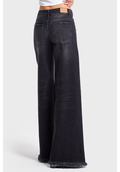 Itsbasic Kadın Koyu Füme Renk 12s5-1 Palazzo Fit Paça Detaylı İç Boy 80cm %100 Koton Denim Jean