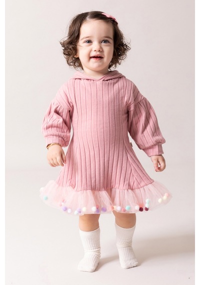 Babymod Kapüşonlu Fiyonklu 100% Pamuk Kız Bebek Elbise Pembe