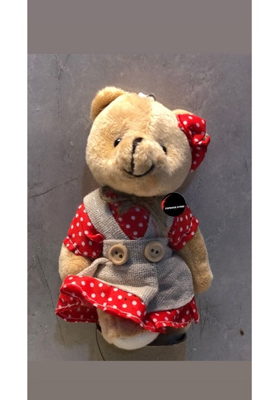 Sevimli Elbiseli Tulumlu Ayıcık Peluş Oyuncak Anahtarlık Uyku Arkadaşı Hediyelik 12 Cm Bordo