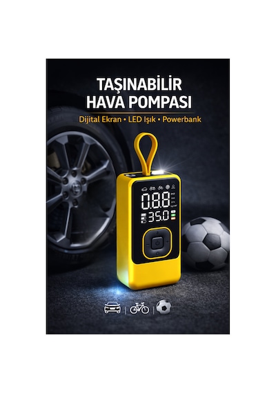 Taşınabilir Hava Pompası Dijital Ekranlı Led Işıklı Type-c Şarjlı Araç Bisiklet Top Lastik Şişirme Kompresörü Sarı