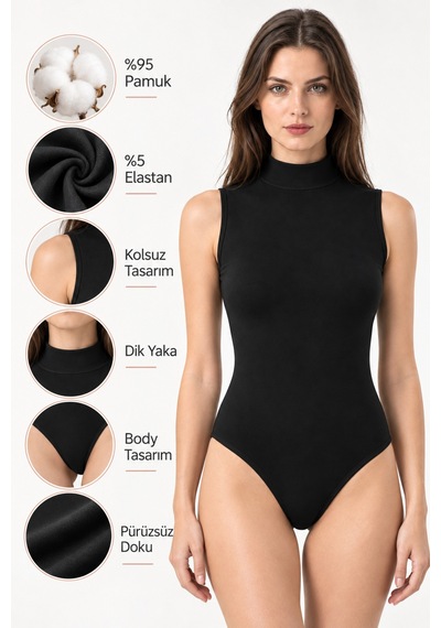 Loule Kadın 3'lü Dik Yaka Kolsuz Pamuklu Kancalı Body 1 Siyah 2 Beyaz Siyah - Beyaz