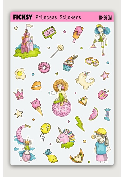 Sevimli Pop Art Stili Prenses Sticker Seti - 27 Adet Etiket Çıkartma Çok Renkli