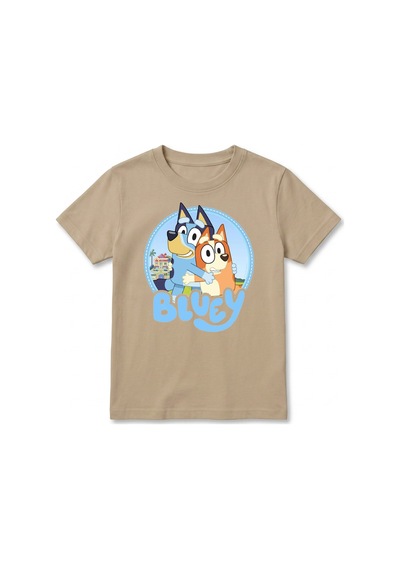 Urbantrendstore Bluey Baskılı Premium Bisiklet Yaka Pamuklu Kısa Kollu Çocuk Ve Genç Tişört Bej