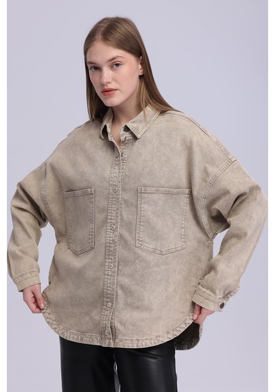 Selectmoda Kadın Çift Cepli Çıtçıt Kapamalı Oversize Kot Gömlek bej