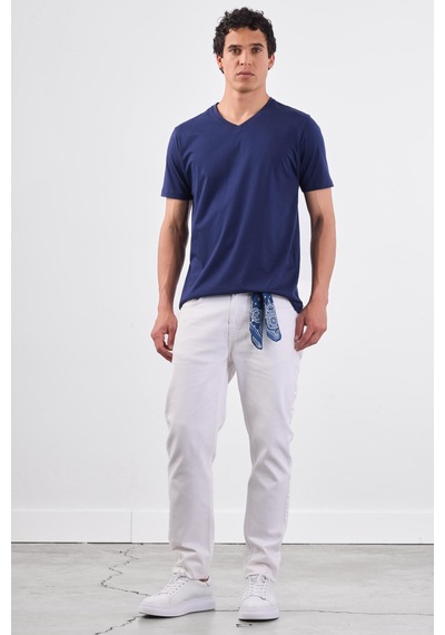 Dufy Lacivert V Yaka Pamuklu Düz Renk Slim Fit Erkek T-shirt Lacivert