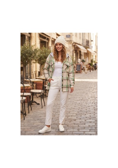 Polologin Butik Kapüşonlu Cepli Ekose Desenli Oduncu Gömlek Ceket Bej/yeşil Yeşil