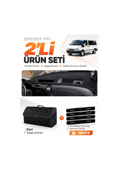 Ford Transit 2001-2006 Uyumlu Torpido Örtüsü + Deri Bagaj Çantası + Sticker Seti - Siyah