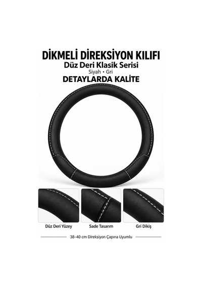 Trobus Renault Kangoo 2024 Ve Sonrası Uyumlu Dikmeli Direksiyon Kılıfı Düz Deri Klasik Siyah Gri Siyah - Gri