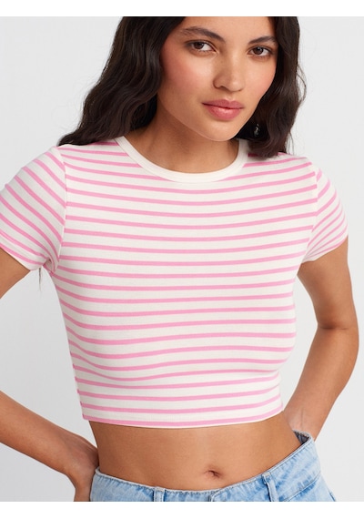Dilvin 31889 Çizgili Crop Top-ekru-pembe Ekru - Pembe