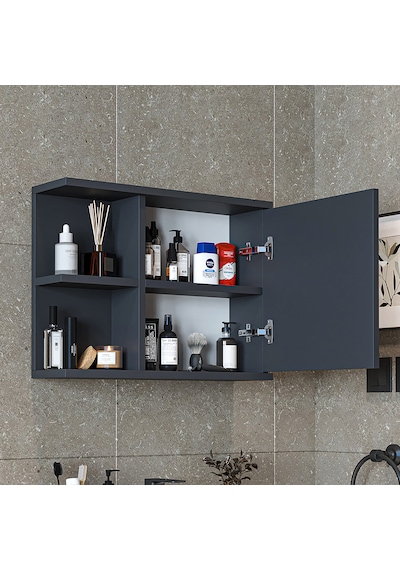 Kulpsuz Tek Kapaklı Mat Suntalam 60 Cm Aynalı Banyo Üst Dolap Ant Antrasit
