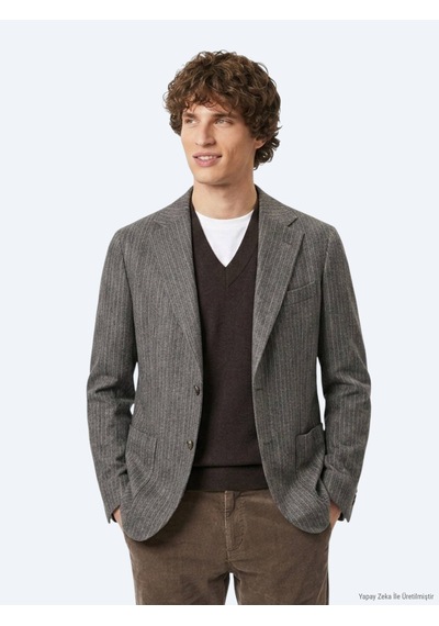 Kip Kahverengi Desenli Modern Fit Yün Karışımlı Ceket