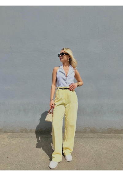Keymoda Kadın Keten Kemerli Pantolon Sarı Sarı