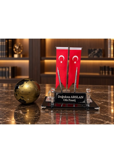 Velora Prestıge Gold 3 Parça Dünya Küreli Kişiye Özel Çift Kalemli Kristal Masa İsimliği Seti Siyah
