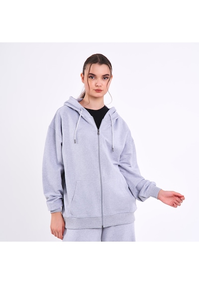 Mmetalic Kadın Gri Normal Kalıp Basic Beli Lastikli Kapüşonlu Oversize Mevsimlik Alt Üst Eşofman Takımı