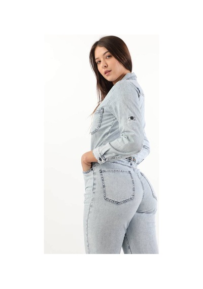 Kadın Etnik Desenli Kemerli Jean Tulum Açık Mavi