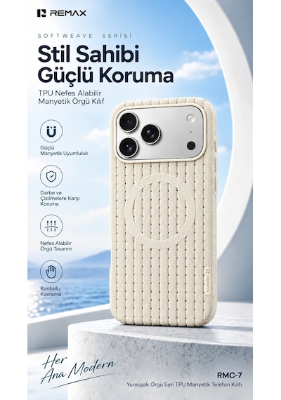 Remax Softweave Series İphone 18 Pro Max Uyumlu Mıknatıslı Örgü Desen Nefes Alan Tpu Kılıf Rmc-7 - Beyaz