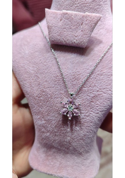 Modagümüşevi 925 Ayar Gümüş Pembe Taşlı Lotus Kolye, Gümüş Kadın Kolye, Lotus Çiçeği Kolye