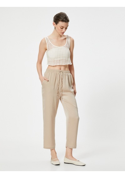 Koton Crop Paça Pantolon Beli Bağlamalı Cepli Bej 4sak40112pw Ekru