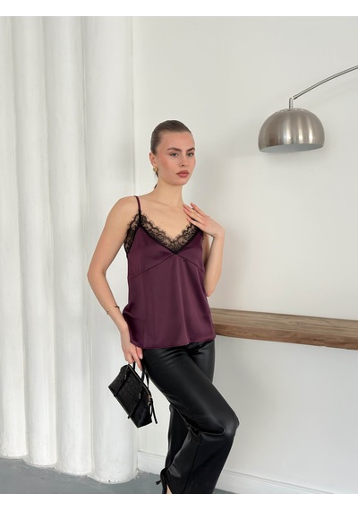 Verymoda Dantel Detaylı Saten Atlet - D2929 MÜRDÜM