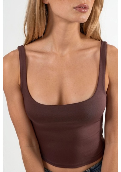 Hiccup Kare Yakalı Vücuda Oturan Crop Top Kahve Kahvesi