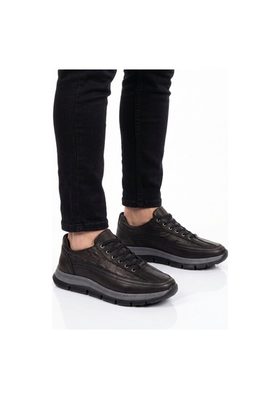 Ayakmod Siyah Hakiki Deri Bağcıklı Rahat Tabanlı Erkek Casual Ayakkabı Sneaker 160
